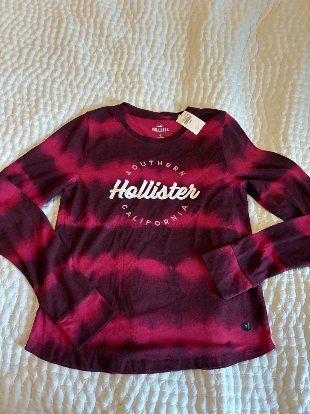 Hollister Burgundy & Pink Tie-Dye Long Sleeve Tee